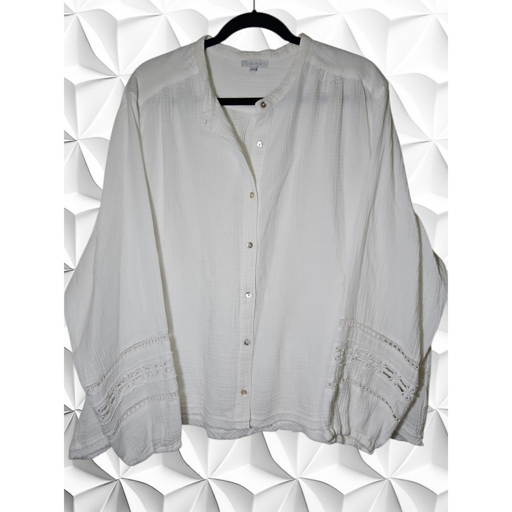 Calme White Organic Cotton Gauze Lace Sleeve Button Down Shirt XXL Boho Relaxed